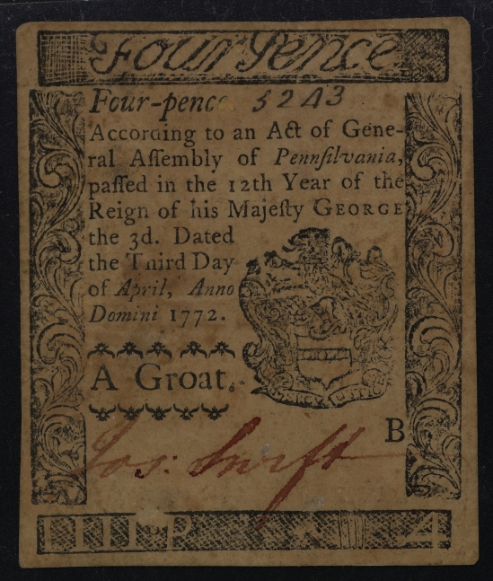 four-pence paper note Pennsylvania賓夕法尼亞州四便士紙幣
