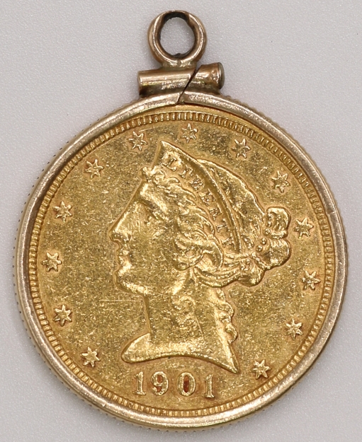 1901 Coronet Head Half Eagle Gold Coin 5 Dollar (With Coin Bezel)自由女神像王冠頭半鷹幣 五美元 (附硬幣邊框)